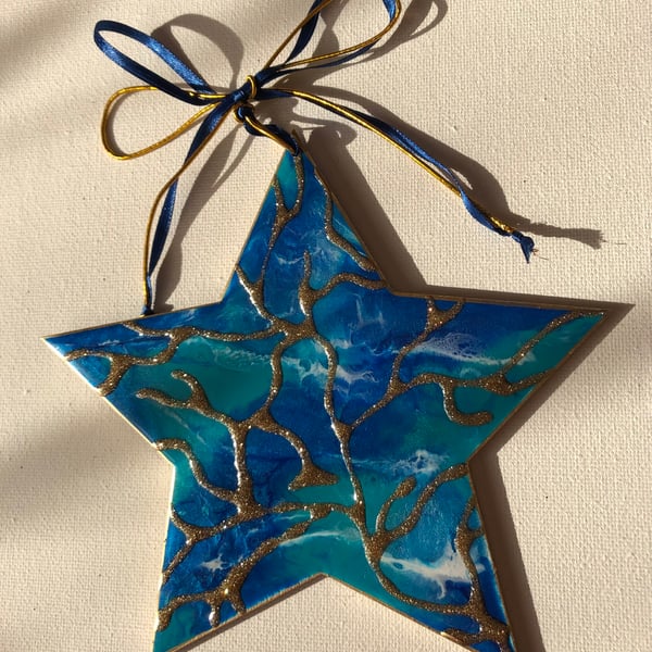 Star ornament, decoration, blue, turquoise, gold, glitter backing