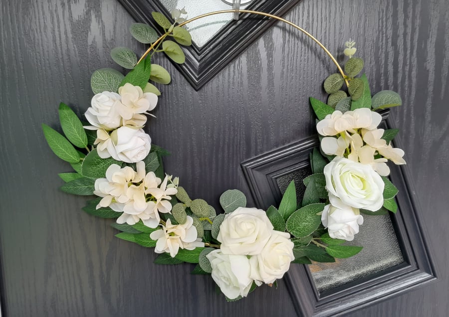 Gold Metal Hoop Door Wreath, Cream Flowers Gold Loop Door Wreath, Wall Decoratio