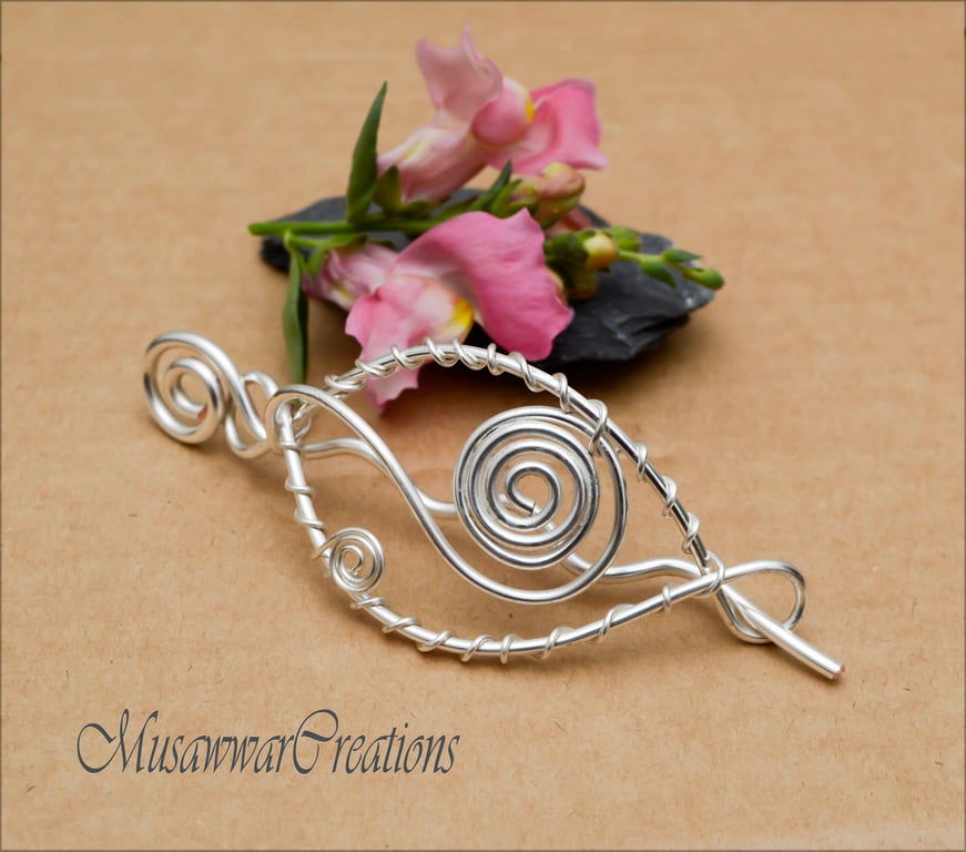 Swirl Design Silver Plated Copper Hair Bun Holder, Handmade Wire Wrapped Hair