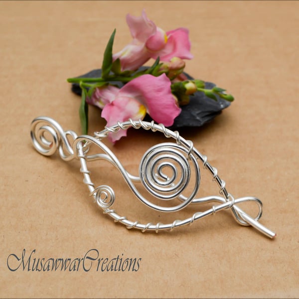 Swirl Design Silver Plated Copper Hair Bun Holder, Handmade Wire Wrapped Hair