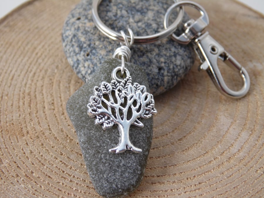 Olive Green Cornish Sea Glass with Tree of Life Charm Bag Charm Keyring K411