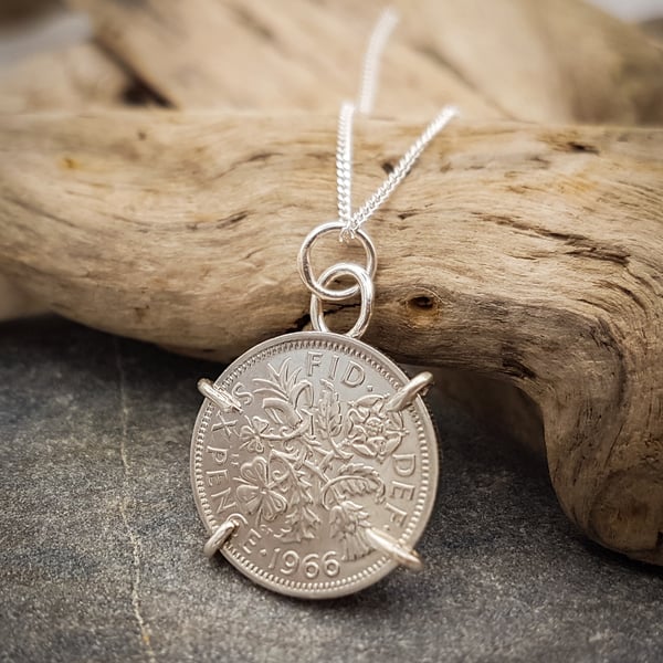 1966 Sixpence coin in a Sterling Silver mount with 18" Sterling Silver chain 
