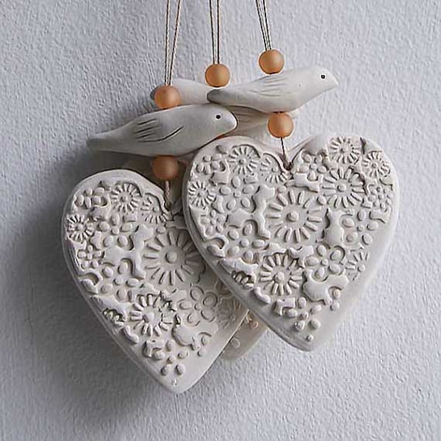Porcelain Heart and Bird hanging