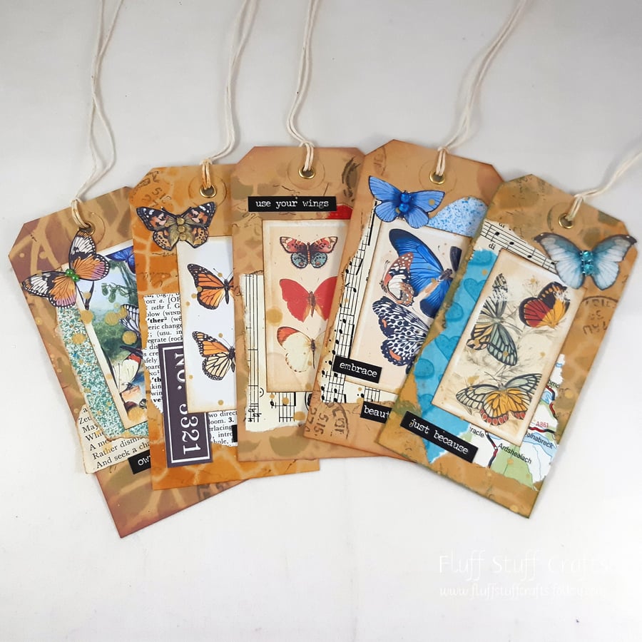Pack of 5 handmade collaged gift tags or journal tags - butterflies