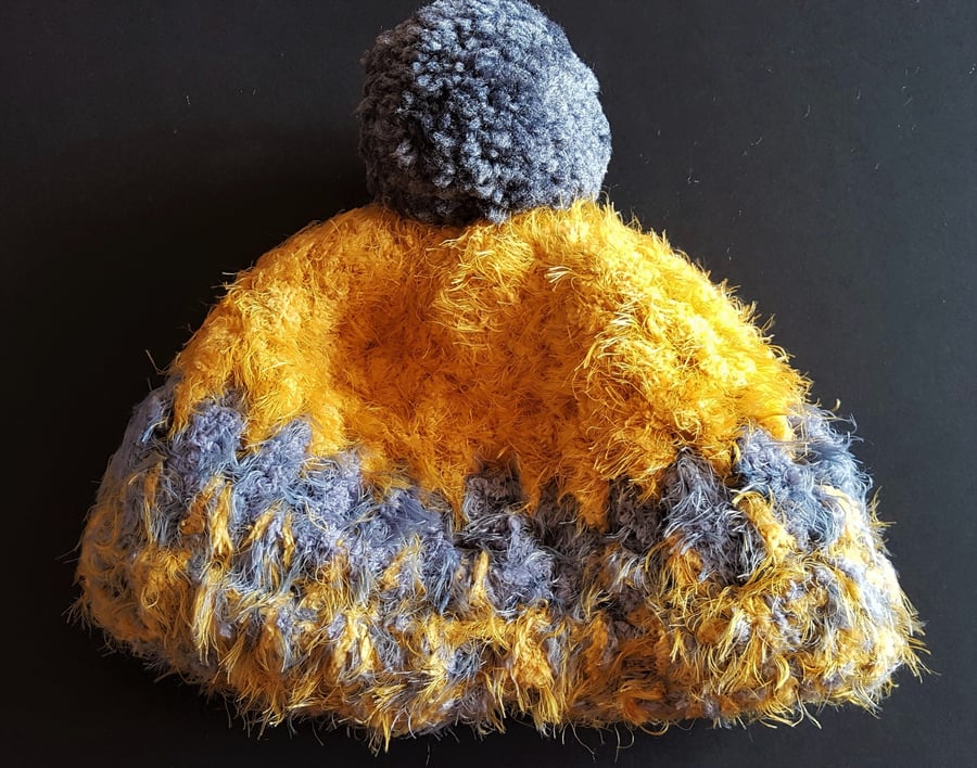 Mustard and Grey Chunky Crochet Bobble Hat