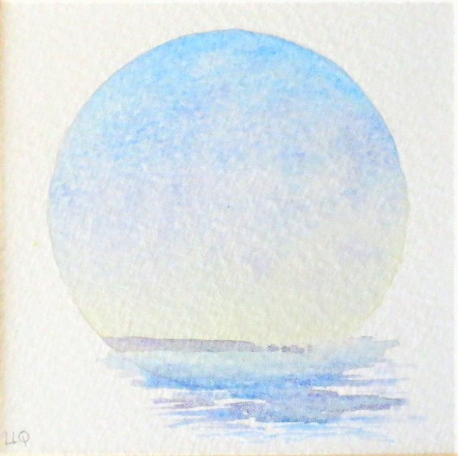 Watercolour vignette sunrise towards the Isle of Wight original painting