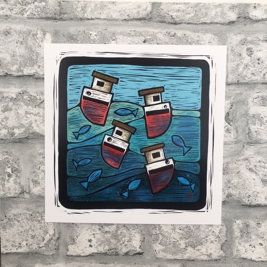 Art print illustration Cornish wall art fishing boat seascape Lino inspired