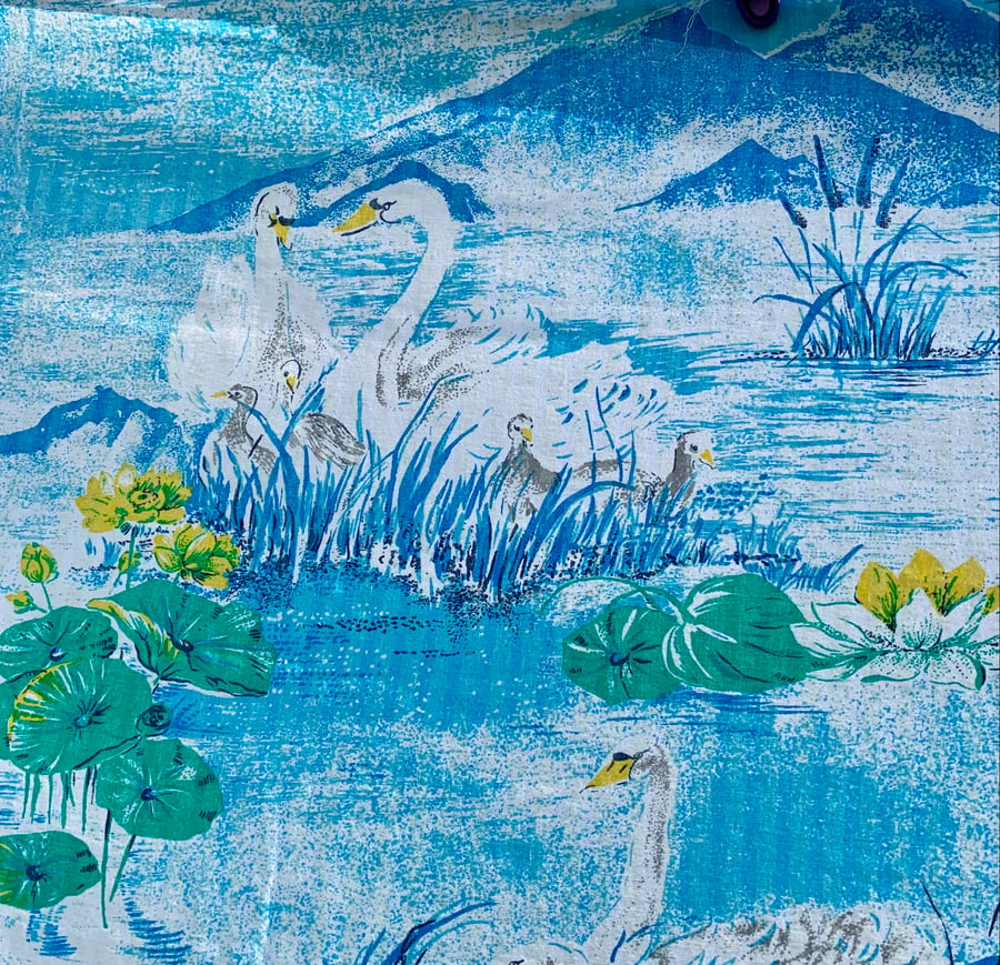 Beautiful Swan Signets Water Lily 60s 70s Blue and Yellow Vintage Fabric