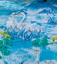Beautiful Swan Signets Water Lily 60s 70s Blue and Yellow Vintage Fabric