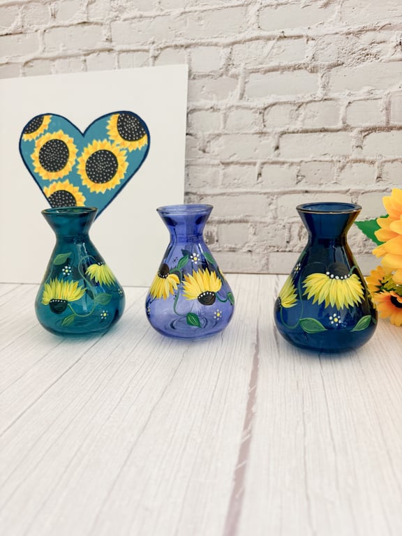 Small Blue Glass Vase Hand Painted With Sunflowers 