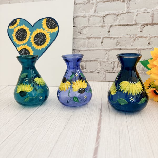 Small Blue Glass Vase Hand Painted With Sunflowers 