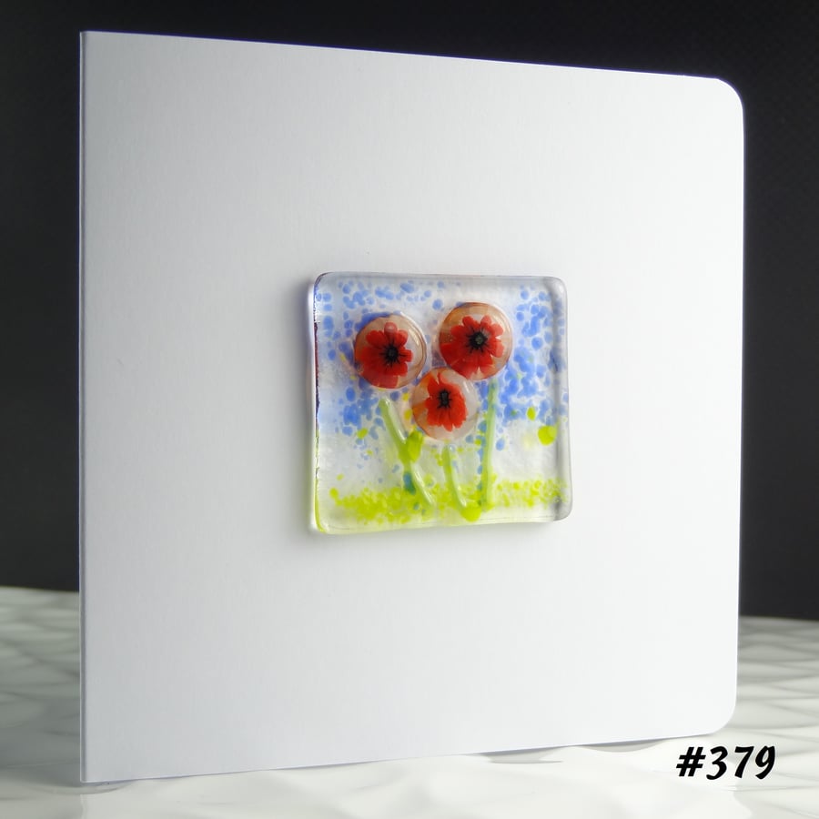 Red flowers handcrafted fused glass greeting card, blank inside (379)
