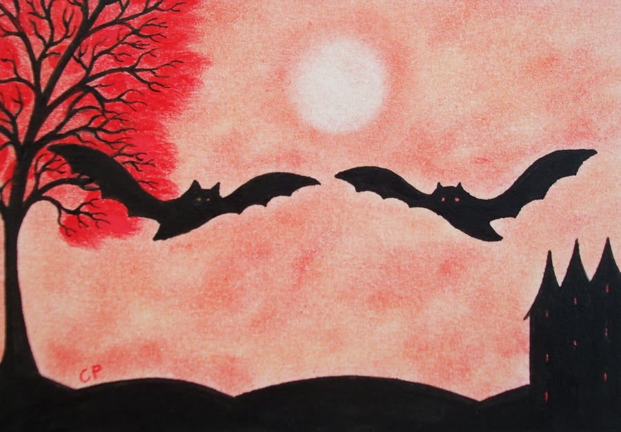 Bat Card, Halloween Silhouette Card, Bats Tree Art Card, Halloween Art, Red Tree