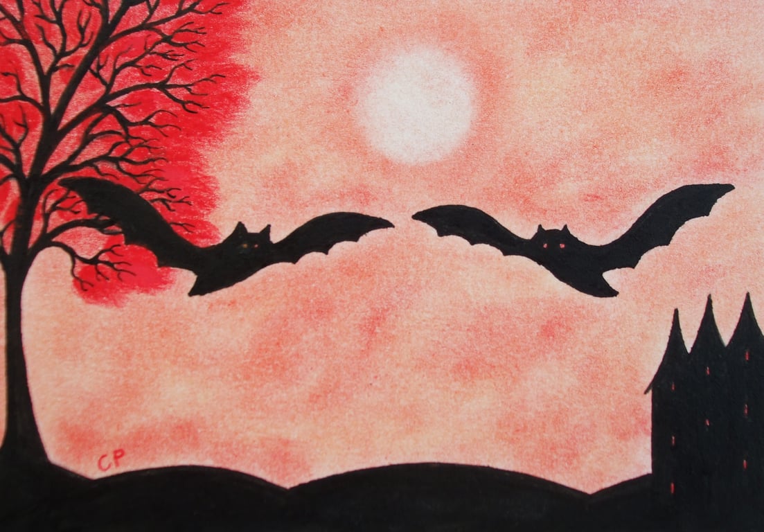 Bat Card, Silhouette Art Card, Two Bats Tree Card, Halloween, Red Tree