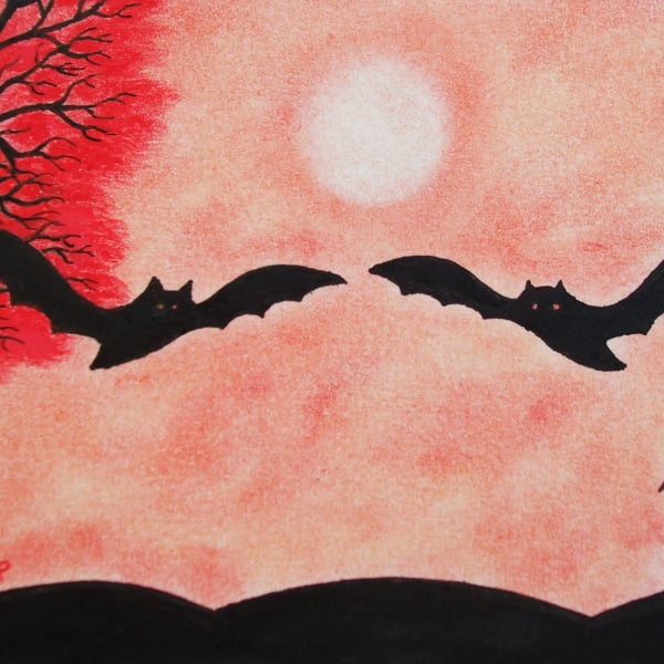 Bat Card, Silhouette Art Card, Two Bats Tree Card, Halloween, Red Tree