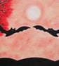 Bat Card, Halloween Silhouettes Art Card, Two Bats Tree Card, Red Tree - Image 1