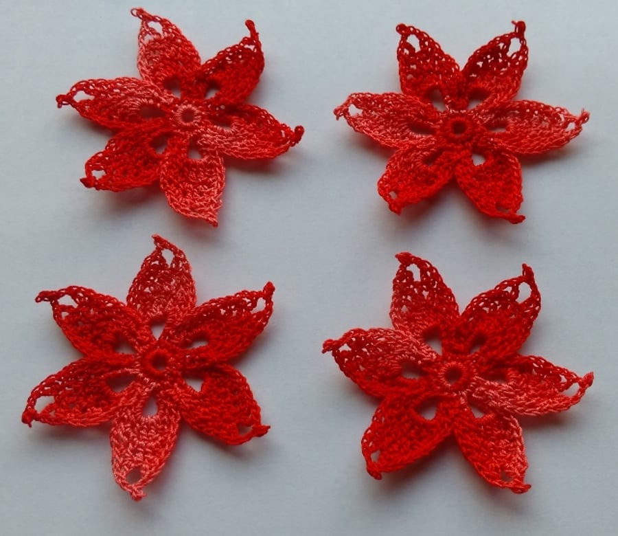 RED MULTI FLOWERS - SIX POINT STARS 6.5cm - Pack of 4 - HANDMADE CROCHET COTTON