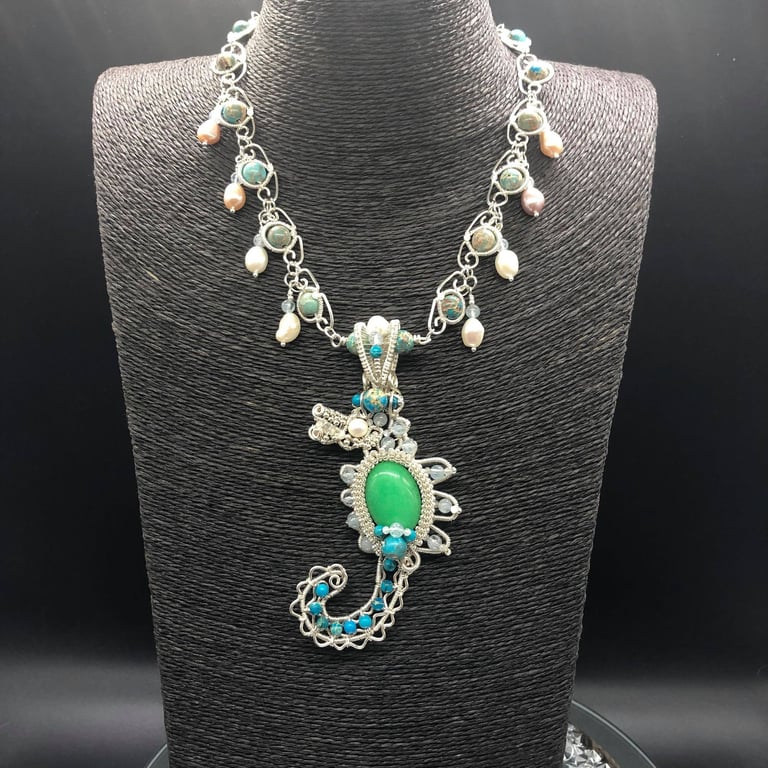Seahorse Wire Weave necklace with Aquamarine, Jasper, Moonstone and Freshwater P