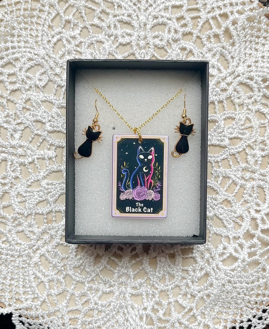 Black Cat Tarot necklace and earring set