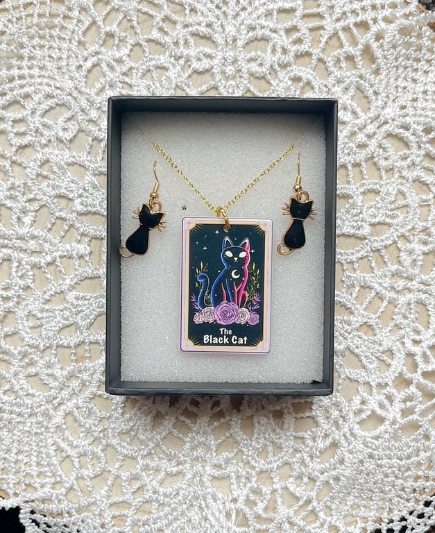 Black Cat Tarot necklace and earring set