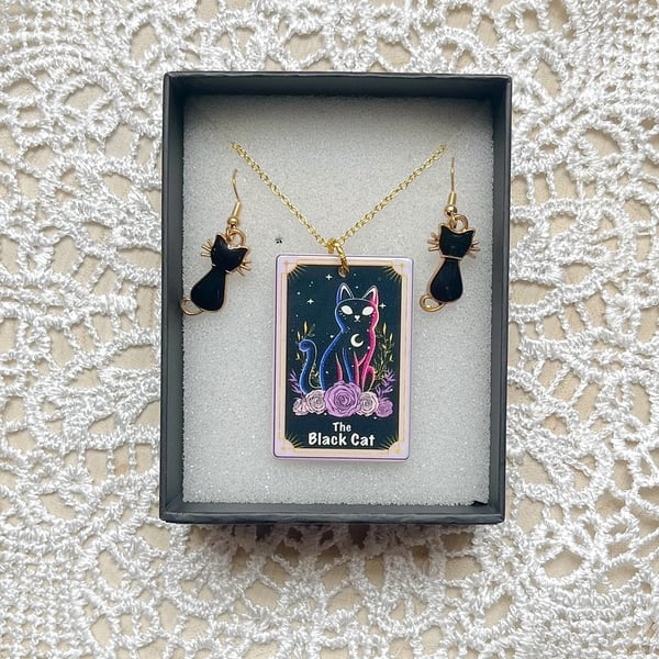 Black Cat Tarot necklace and earring set
