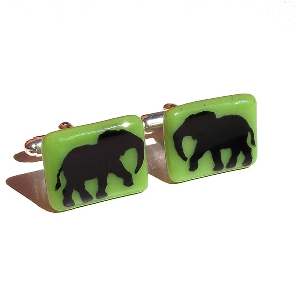 Elephant Cufflinks Fused Glass with Screen Printed Kiln Fired Enamel