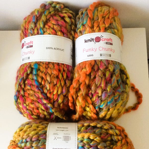 3 x 100g Super Chunky Acrylic Wool Multi Coloured