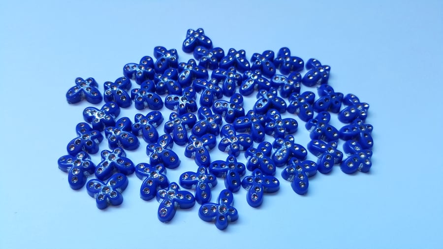 50 x Acrylic Flatback Cabochons - Metal Enlaced - Butterfly - 11mm - Blue 
