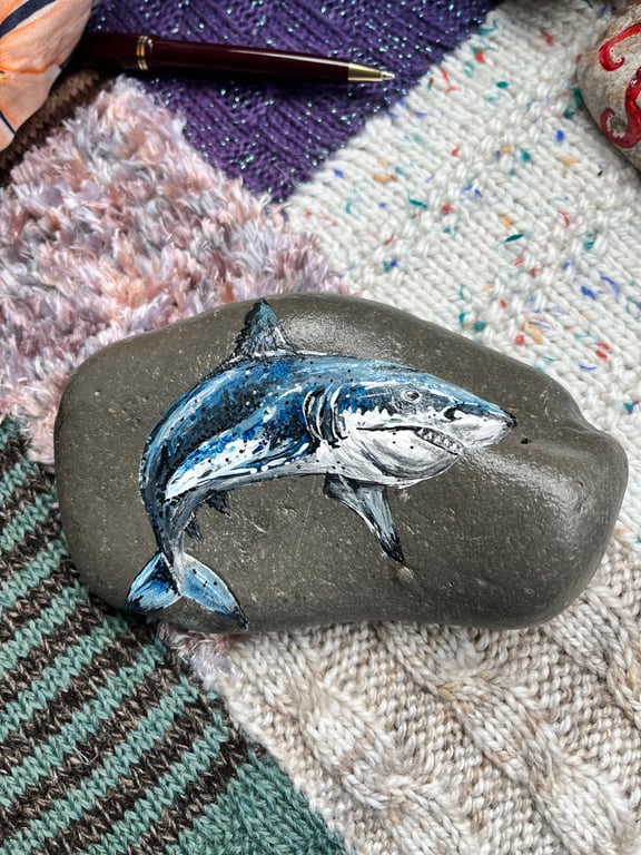 Blue shark hand painted and varnished paper weight stone 