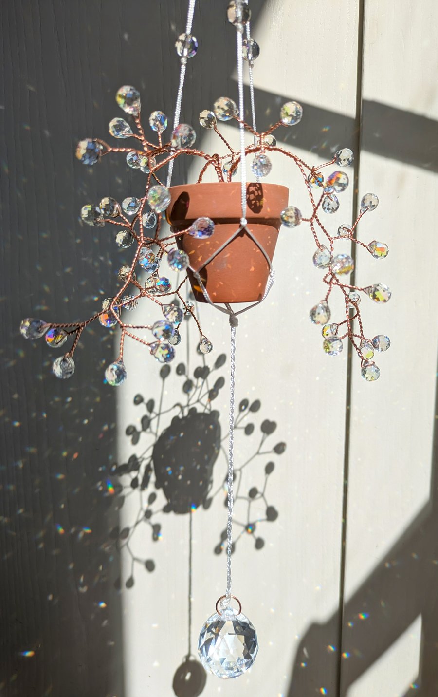Suncatcher, ("diamonds") copper wire and glass beads hanging plant 