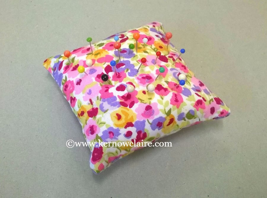 pin cushion in lilac, pink and yellow flowers, small size