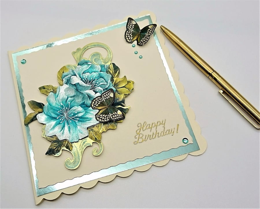 3D Happy Birthday Handmade Card.Teal Foiled Flowers and Brown Butterflies  