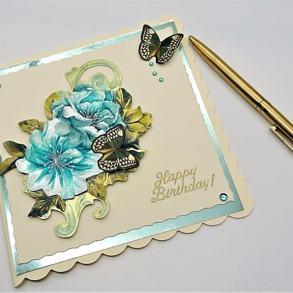 3D Happy Birthday Handmade Card.Teal Foiled Flowers and Brown Butterflies  