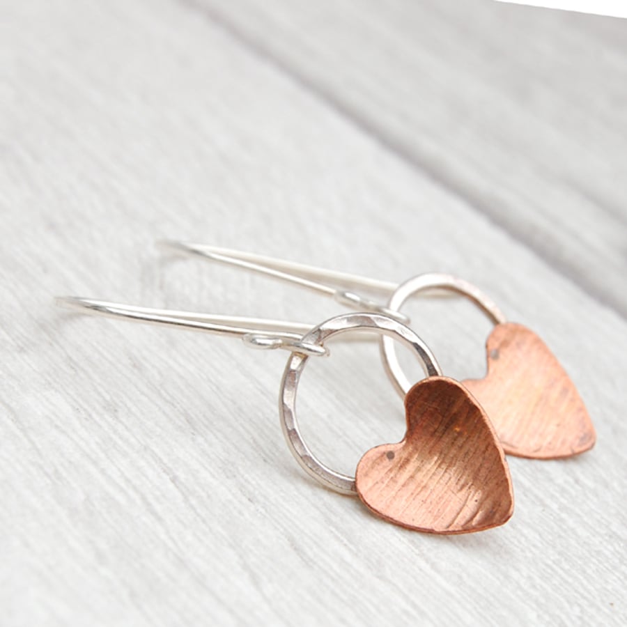 Copper heart on silver circle hook earrings
