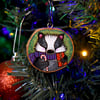 Festive Badger pyrography hanging wood slice decoration