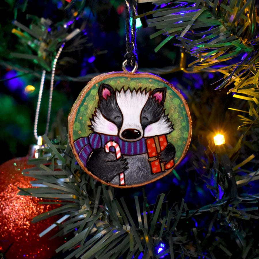 Festive Badger pyrography hanging wood slice decoration