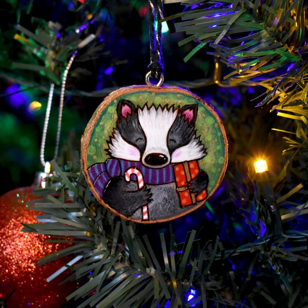 Festive Badger pyrography hanging wood slice decoration