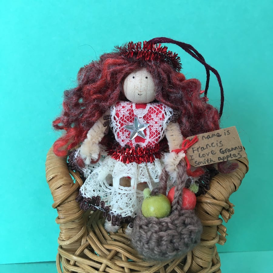 Tiny Fairy Doll Decoration With A Basket Of Apples, Autumn Decorations