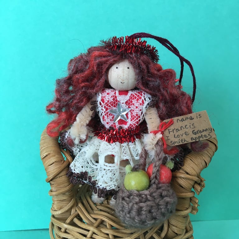 Tiny Fairy Doll Decoration With A Basket Of Apples, Autumn Decorations
