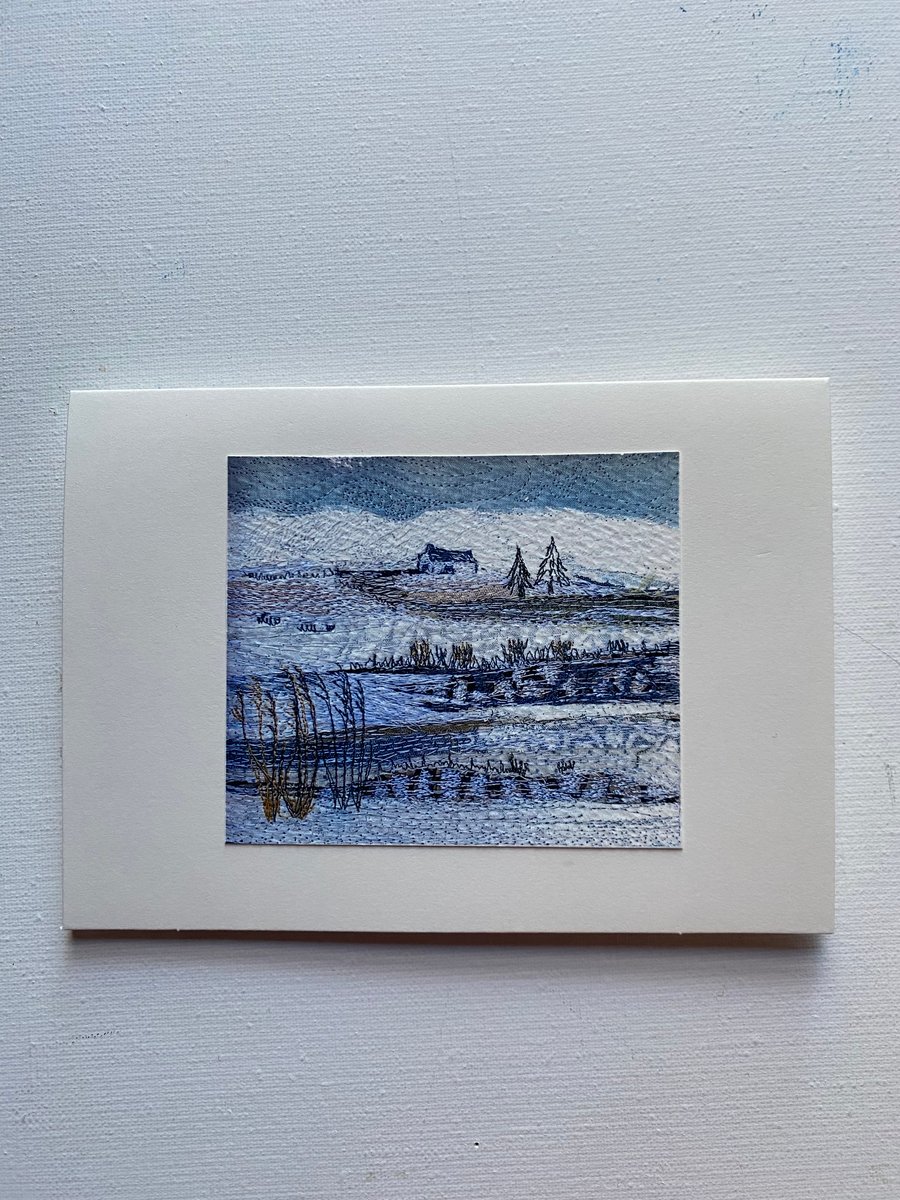 Snowy landscape,  original art print Christmas card