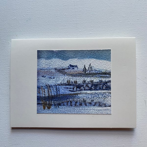 Snowy landscape,  original art print Christmas card