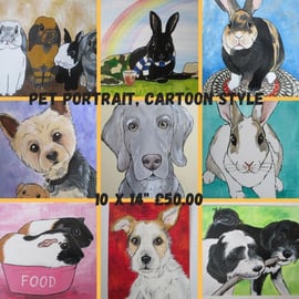 Pet Portrait Cartoon Style 10x14 Cat Dog Rabbit Guinea Pig Hamster Horse Donkey