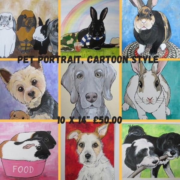 Pet Portrait Cartoon Style 10x14 Cat Dog Rabbit Guinea Pig Hamster Horse Donkey