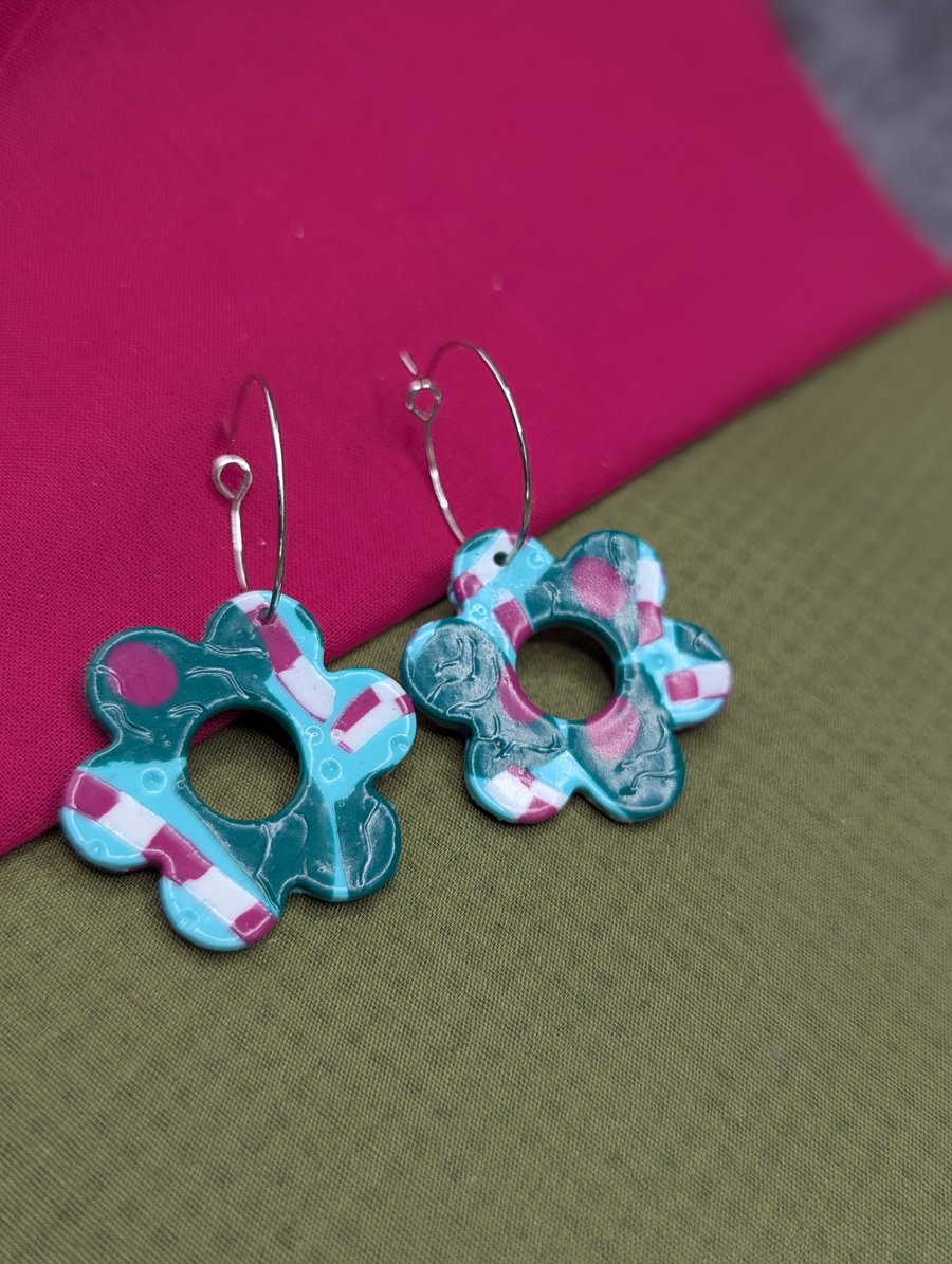 Teal and pink flower earrings 
