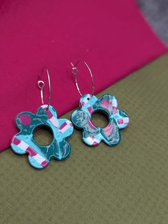 Teal and pink flower earrings 