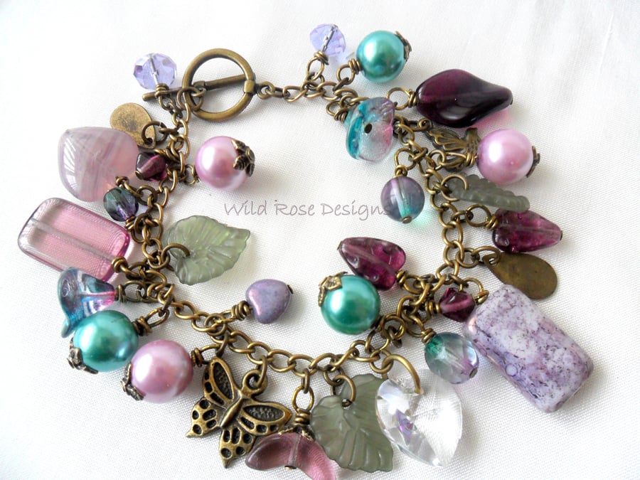 'Foxglove' charm bracelet in purple and turquoise. Sale item!