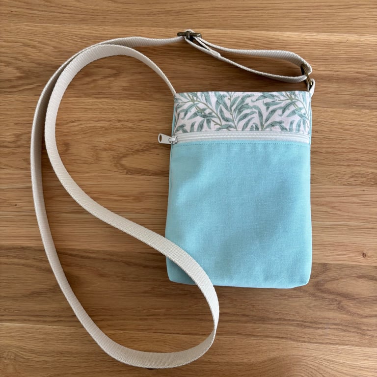 Fabric crossbody bag, phone bag, pale green cotton, with an adjustable strap