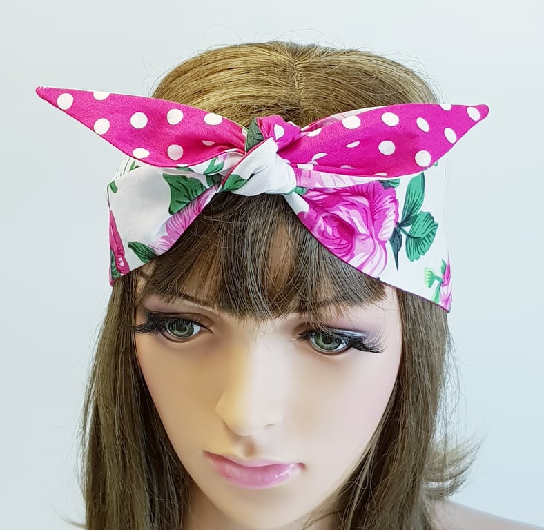 Rockabilly hair scarf, reversible self tie head scarf, polka dot & floral tie