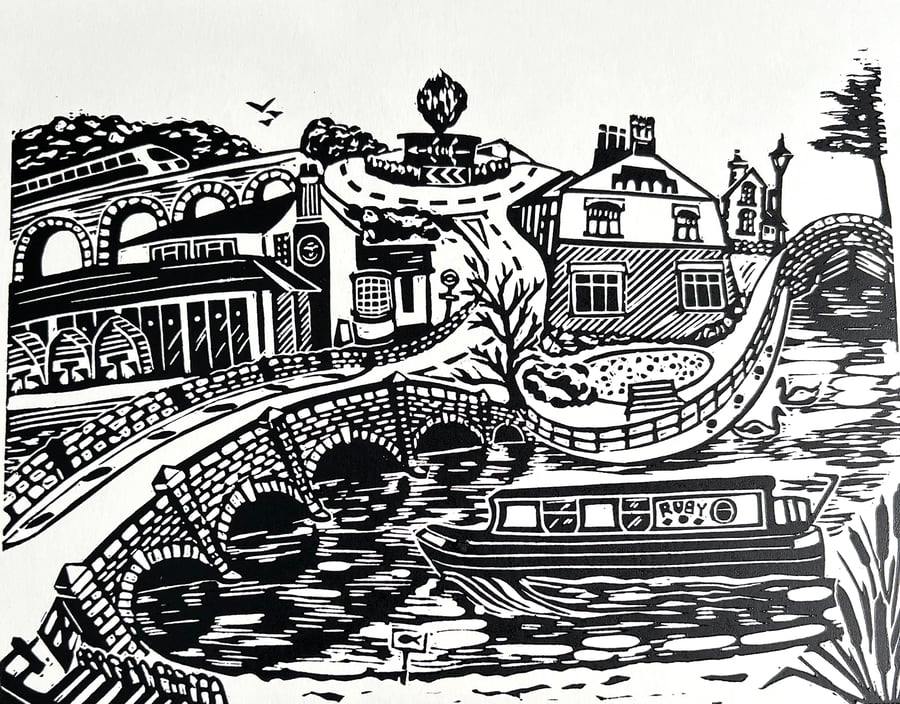 Barrow Upon Soar- 'River Soar' Lino Print- Black and White