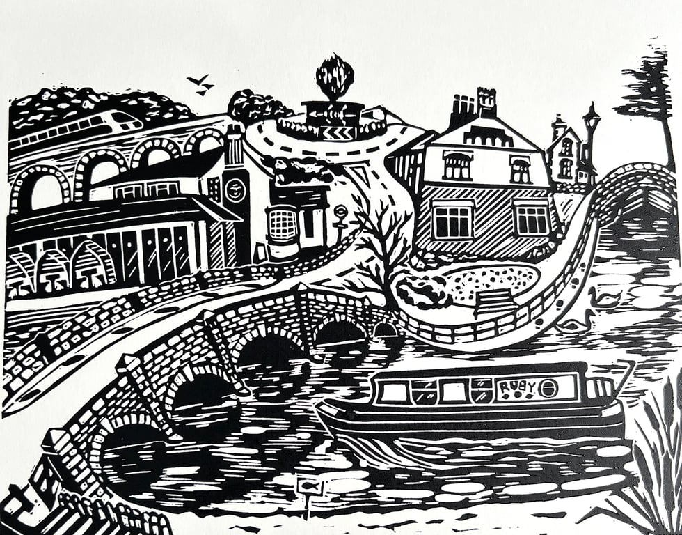 Barrow Upon Soar- 'River Soar' Lino Print- Black and White